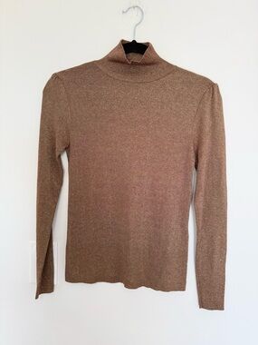 Women's Metallic Brown Knitted Turtleneck Long-Sleeve Top